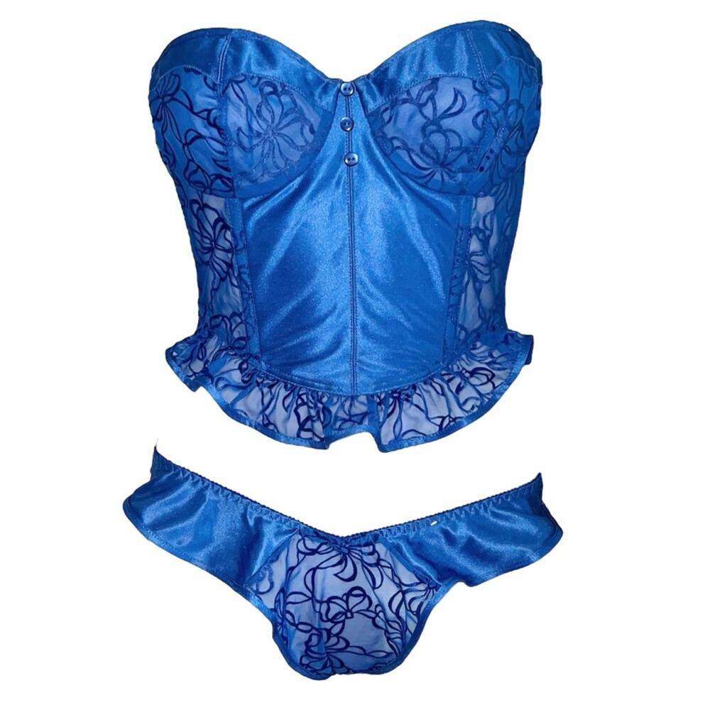 AUTH VTG Christian Dior Blue Ruffle Bustier Corset Bra Top Tap Panty Panties Set